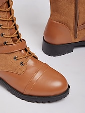 halpa Maihinnousukengät-naisten nauhalliset polvipituiset saappaat - ruskeat keinonahkaiset maiharit soljilla, vintage-ratsastustyyliset jalkineet syksyyn ja talveen