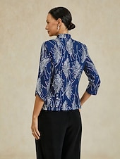  Mulheres Blusa Tops elegantes Tops de noite Paetês Pena Elegante Manga 3/4 Colarinho Mandarim Tops regulares Festa de Noite Traje formal Traje para coquetel Azul Real Primavera Outono Inverno