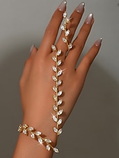 abordables Pulsera de mujer-Conjunto de pulsera y anillo de cristal con hoja de oro para mujer: elegantes joyas de mano con diamantes de imitación para fiestas y eventos nocturnos. &amp;ocasiones especiales