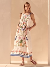 baratos Vestidos Florais-vestido estampado estilo férias na praia em tons de branco