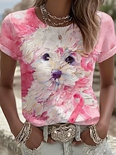 levne Tričko se zvířaty-Dámské Tričko Tisk Grafika Zvíře Pes Vinobraní Na běžné nošení Krátký rukáv Tričkový Běžné topy Denní Víkend Vodní modrá Světlá růžová Podzim Zima