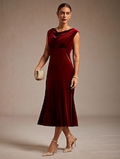  Damen Midikleid Trompeten- Meerjungfrauenkleid Elegant Party Hochzeitsgast Cocktailparty Normale Passform Einfarbig Ärmellos Wasserfallausschnitt Wein