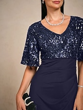  Damen Maxikleid Kleider mit Empire-Taille Elegant Flattrige Ärmel Abendgesellschaft Pailletten Spitze Netz Normale Passform Blumen Halbarm V Ausschnitt Marineblau