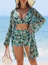 tanie 3-częściowy zestaw bikini-Damskie Stroje kąpielowe Bikini Trzyczęściowy Krótkie spodnie Kostium kąpielowy Szczupła Odkryte plecy Urlop Stroje plażowe Kwiaty Liście W serek Bez rękawów Kostiumy kąpielowe