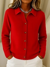 baratos Cardigã Liso-Mulheres Suéter Sueter Cardigan Férias Moda Casual Côr Sólida Estriado Aberto para a Lateral Colarinho de Camisa Botões Manga Longa Tops regulares Tricotar Diário Casa Feriado Vermelho Roxo Outono