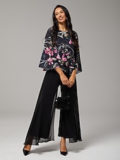 abordables camisas, tops y blusas-Blusa de mujer negra floral, manga 3/4, suelta, cuello redondo, informal, elegante, para vacaciones, primavera, verano y otoño.