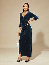  Per donna Abito maxi Abito a Portafoglio Elegante Festa serale Ospite di nozze Asimmetrico Vestibilità regolare Tinta unica Manica 3/4 Scollo a V Blu marino