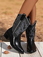 Χαμηλού Κόστους Καουμπόη και δυτικές μπότες-Γυναικείες καφέ μπότες western μέχρι τη μέση της γάμπας – καουμπόικες μπότες από τεχνητό δέρμα με κεντημένο σχέδιο για φθινοπωρινές, country style και εκδηλώσεις ροντέο