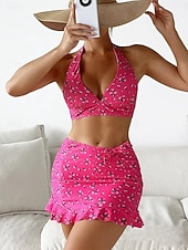 tanie 3-częściowy zestaw bikini-Strój Kąpielowy Damski Bikini 3 Częściowy Z Spódnicą Smukły Bez Pleców Letni Strój Plażowy Kwiatowy Sznurek Bez Rękawów