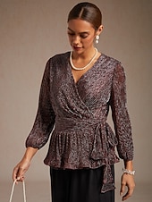  Mulheres Tops elegantes Pregueado Purpurina Brilhante Elegante Manga lanterna Decote V Tops regulares Convidado do casamento Traje de festa para noite Roupa de Trabalho Vinho Primavera / Outono