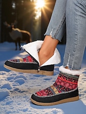 お買い得  雪と冬のブーツ-女性用エスニック柄の暖かいアンクルブーツ - カラフルなボヘミアンスタイルのフリース裏地付き冬用ブーツ、サイドジッパー付き、旅行や休暇に最適な快適なアウトドアシューズ