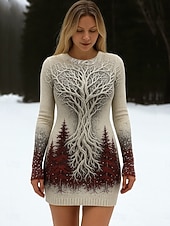 preiswerte Pulloverkleider-Damen Minikleid Pulloverkleid Urlaub Lässig Boho Täglich Ferien Ausgehen Schlank Grafik Stammes Langarm Rundhalsausschnitt Hoher Ausschnitt Schwarz Rote Dunkelgrün Beige Herbst Winter