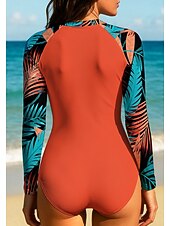 preiswerte One Pieces Rash Guards-Damen Rash Guard Tauchanzug Anti UV Shirt Badeanzug Blumenmuster Tropisch Reißverschluss UPF50+ Schnelltrocknend Leicht Langarm T-Shirt zum Schwimmen Surfen Strand Wassersport Sommer