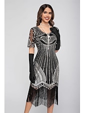 preiswerte 1920er Kleider-Goldene Zwanziger 1920er Knielang Flapper Kleid Kurze Ärmel Der große Gatsby Pailletten Fransen V Ausschnitt Kostüm Damen Weihnachten Karneval Flüsterkneipe Maskerade Retro-Mottoparty Erwachsene