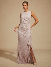abordables Robe de cocktail-Robe longue fourreau élégante pour femme, idéale pour un mariage, une soirée ou une invitée. Coupe classique, ornée de sequins, de dentelle et de volants, fendue, unie, sans manches, col bateau, rose