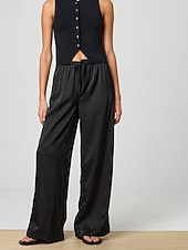 preiswerte weites Bein und hohe Taille-Damen Satinhosen Weites Bein Chinos Hosen Hose Streetwear Lässig Volle Länge Mittlere Taillenlinie Einfach Kordelzug Tasche Bequem Unelastisch Täglich Outdoor Schwarz Sommer Frühling Lässiger Schnitt