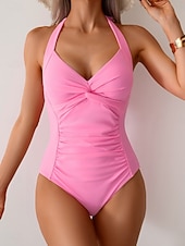 abordables Maillots de bain une pièce-Maillot de bain une pièce femme monokini amincissant ruché contrôle du ventre taille haute ajusté sans dos vacances plage couleur unie col halter sans manches