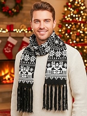 abordables Foulards pour femmes-Écharpe de Noël tricotée pour femme, en acrylique, motif jacquard rouge et blanc avec rennes et flocons de neige, accessoire festif d'hiver pour les fêtes de fin d'année