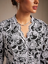  女性用 ドレッシーなトップス 刺繍 フラワー ペーズリー エレガント 七分袖 Ｖネック レギュラートップス ワーク パーティー セミフォーマル ブラック 春 秋 冬