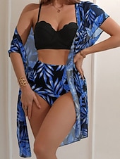 abordables Ensemble bikini 3 pièces-Maillot de bain bikini 3 pièces pour femmes palmiers culottes slim dos nu vacances vêtements de plage feuilles décolleté en V sans manches maillots de bain