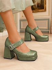 billiga Pumps med blockklack-Gröna blommiga platåskor i konstläder med Mary Jane-spänne för kvinnor - vintageklackar från 1950-talet för formella tillfällen, fester och bröllop