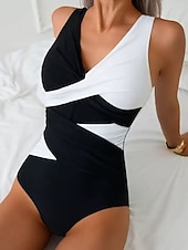 economico Costumi interi-Costume intero da donna arricciato monokini colore bloccato vita alta slim schiena scoperta elegante abbigliamento da spiaggia per vacanze scollatura a V costumi da bagno senza maniche