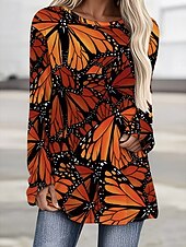 Χαμηλού Κόστους Ζώα tee-Γυναικεία Μπλουζάκι Στάμπα Γραφική Ζώο Πεταλούδα Βίντατζ Στυλάτο Κλασσικό Μακρυμάνικο Στρογγυλή Ψηλή Λαιμόκοψη Στρογγυλή Λαιμόκοψη Κανονικά μπλουζάκια Καθημερινά Μαύρο Πορτοκαλί Άνοιξη Φθινόπωρο