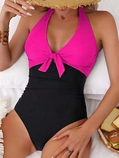 economico Costumi interi-Costume da bagno intero da donna snellente colorblock monokini controllo della pancia vita alta slanciato senza schienale abbigliamento da spiaggia per le vacanze blocco di colore collo a halter