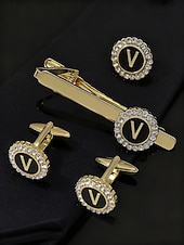 Недорогие Свадьба ACC-Комплект из мужского зажима для галстука, запонок и булавки для лацкана из сплава – элегантный черно-золотой дизайн с кристаллами, персонализированный 26 инициалами, идеальный подарок для официальных мероприятий и делового дресс-кода