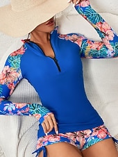 baratos Tankinis-Maiô Tankini Feminino 2 Peças Short Controle de Barriga Cintura Alta Slim Costas Descobertas Roupas de Praia de Férias Floral Folhas Decote Alto Com Mangas Longas