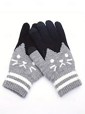 abordables Guantes de mujer-Guantes de punto para pantalla táctil para mujer, multicolor, diseño de gato, acogedor accesorio de invierno.