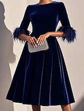 abordables Robe Simple-Femmes Robe Midi Robe en Velours Robe d'Hiver Robe évasée Élégant Mode Classique Quotidien Extérieur Bureau Coupe régulière Uni Manche 3/4 Col ras du cou Bleu Automne Hiver