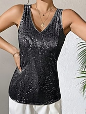 Χαμηλού Κόστους Απλή δεξαμενή-Γυναικεία Μπλούζα Μπλουζάκια με παγιέτες Πούλιες Σκέτο Κομψό Στυλάτο δυτικός Αμάνικο Λαιμόκοψη V Κανονικά μπλουζάκια Καθημερινά Αργίες Εξόδου Μαύρο Λευκό Ρουμπίνι Καλοκαίρι Άνοιξη Φθινόπωρο