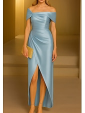 economico Abiti da cocktail-Tubino Colonna Lunghezza Tè Abiti da Cocktail Elegante Senza Maniche Senza Spalle Festa in giardino Matrimonio Raso Elasticizzato con Arricciato