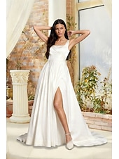 cheap Wedding Dresses-Hall Formal Wedding Dresses A-Line Square Neck Sleeveless Court Train Satin Bridal Gowns With Bow(s) Split Front