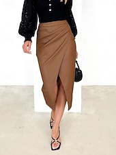 abordables Faldas Formales-Mujer Elegante Moda Midi Alta cintura Faldas Plano Frunce Puntas abiertas Rígido Diario Calle Rojo tinto Negro Marrón Beige Primavera