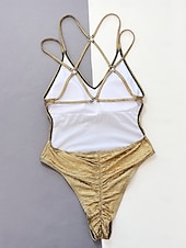 זול בגדי ים חלק אחד-בגד ים חד חלקי לנשים עם חיתוך סקסי בדגם מנוקד מחמיא של הבטן גבוה במותן לבילוי בחוף עם עיצוב צבע אחיד ופתיחת גב לאחור ללא שרוולים