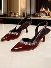 baratos sapatos slingback-Sapatos de salto alto slingback femininos em verniz bordô com aplicações de cristais - elegantes sapatos de festa com bico fino e salto agulha para eventos noturnos ou coquetéis.