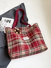 Недорогие Сумки с ручками сверху и шопперы-Женские рождественские клетчатые сумки-шопперы – большие и маленькие размеры, полиэстеровая ткань с помпонами, праздничный стиль для предпраздничного шопинга и подарков