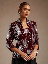 baratos Blusas femininas-Mulheres Blusa Tops elegantes Paetês Bordado Pena Elegante Manga 3/4 Colarinho Mandarim Tops regulares Festa de Noite Convidado do casamento Vinho Primavera Outono Inverno