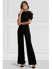 preiswerte Overalls für Mütter-Overalls Bodenlang Brautmutterkleid Kurzarm Rundhalsausschnitt Elegant Einfach Formell Hochzeitsgast Familientreffen Stretchstoff mit Einfarbig