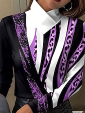 levne tričko umění a designu-Dámské Tričko Tisk Grafika Leopard Geometrický Elegantní Vinobraní stylové Dlouhý rukáv Stojáček Běžné topy Denní Vodní modrá Fialová Trávová zelená Khaki Jaro Podzim Zima