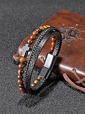 Недорогие Мужские украшения-мужской браслет с магнитной застежкой — дизайн из натурального камня и искусственной кожи, стильный и прочный, идеально подходит для повседневной носки.