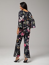 abordables camisas, tops y blusas-Blusa de mujer negra floral, manga 3/4, suelta, cuello redondo, informal, elegante, para vacaciones, primavera, verano y otoño.