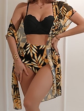 abordables Ensemble bikini 3 pièces-Maillot de bain bikini 3 pièces pour femmes palmiers culottes slim dos nu vacances vêtements de plage feuilles décolleté en V sans manches maillots de bain