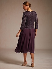  Dámské Midi šaty Šifonové šaty Elegantní Pevná barva 3/4 délka rukávu Tričkový Fialová