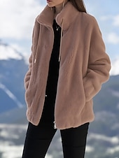 billiga Sherpa-jackor-Dam Vinterkappa Teddyrock Håller värmen Bekväm Snörning Dragkedja Elegant Plysh Ledigt Ensfärgat Hem Ledigt Kort Hög krage Normal Långärmad Ytterkläder Rubinrött Purpur Grön Vår Höst