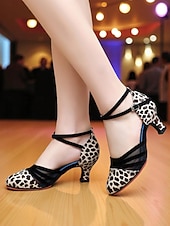 economico Scarpe per balli latini-Scarpe da ballo latino professionali da donna con stampa leopardata - tacchi da sala da ballo con cinturini in pelle scamosciata e rete per salsa, tango e gare di performance