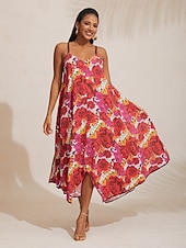 billiga Semesterklänningar-Dam Bandklänning Solklänning Sommarklänning Midiklänning Rubinrött Rem Tryck Reste sig Blommor V-ringad Mönster Asymetrisk fåll Vår &amp; sommar V-hals Sexig V-Front semester klänning Semester S M L