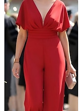 preiswerte Overalls für Mütter-Overalls Bodenlang Brautmutterkleid Kurzarm V Ausschnitt Elegant Einfach Hochzeitsgast Abschlussfeier Stretchstoff mit Einfarbig